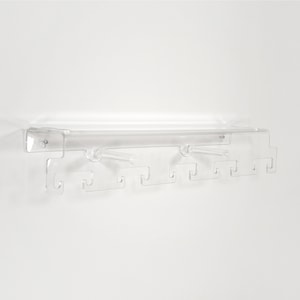 May include: A clear acrylic wall-mounted shelf with hooks. The shelf has a rectangular shape and is designed to hold items such as keys, jewelry, or other small objects.