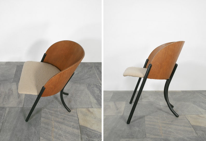 Vintage Postmodern Steelmobil Massimo Simonetti Bent Plywood Shell Cushioned Bouclé Dining Chair Memphis Italian Loft Minimalist Desk PoMo image 6