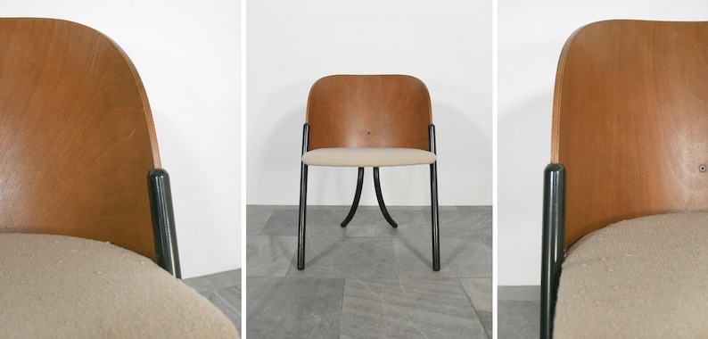 Vintage Postmodern Steelmobil Massimo Simonetti Bent Plywood Shell Cushioned Bouclé Dining Chair Memphis Italian Loft Minimalist Desk PoMo image 4