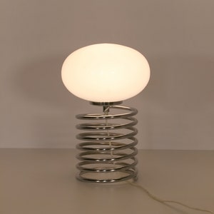 Vintage Ingo Maurer Design M Spirale Milky Glass Orb Chrome Steel Spring Table Lamp Desk Space Age Home Office Postmodern Accent Lighting