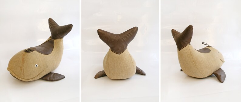 Vintage Jute & Leather Therapeutic Stuffed Whale Toy by Renate Müller Retro Modernist Bauhaus Foot Stool Decorative Pillow Studio Footstool image 5