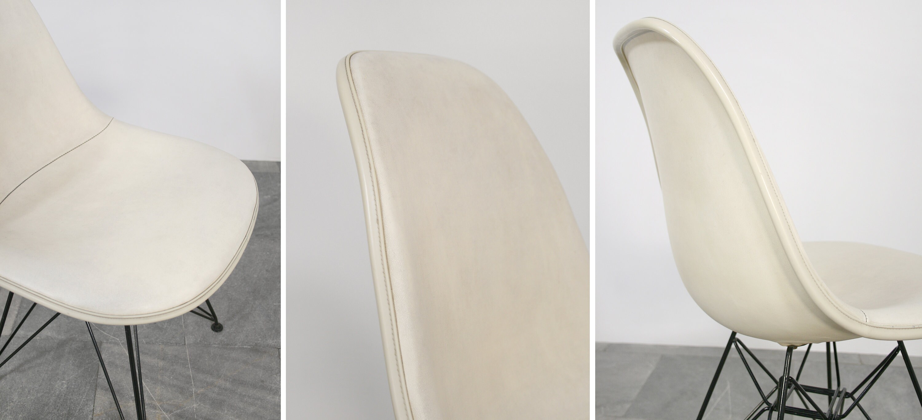Vintage Eames Ivory White Vinyl Upholstered DSR Eiffel Wire Base