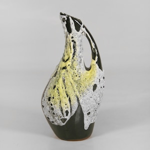 Small Vintage Ruscha Keramik Fat Lava Abstract White Yellow Green Ceramic Pitcher Solifleur Vase Mid Century Modern West German Pottery Art