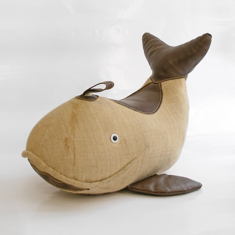 Vintage Jute & Leather Therapeutic Stuffed Whale Toy by Renate Müller Retro Modernist Bauhaus Foot Stool Decorative Pillow Studio Footstool image 1