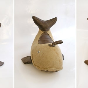 Vintage Jute & Leather Therapeutic Stuffed Whale Toy by Renate Müller Retro Modernist Bauhaus Foot Stool Decorative Pillow Studio Footstool image 3