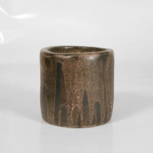 Small Vintage Brutalist Chocolate Brown Modernist Ceramic Planter Flower Plant Pot Vase Irregular Cylindrical Vessel Primitive Pottery Art