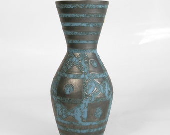 Blue Vintage Carstens Tönnieshof Helmut Scholtis Brutalist Ankara Fat Lava Ceramic Vase Vessel Pottery Art West Germany Modernist Accent