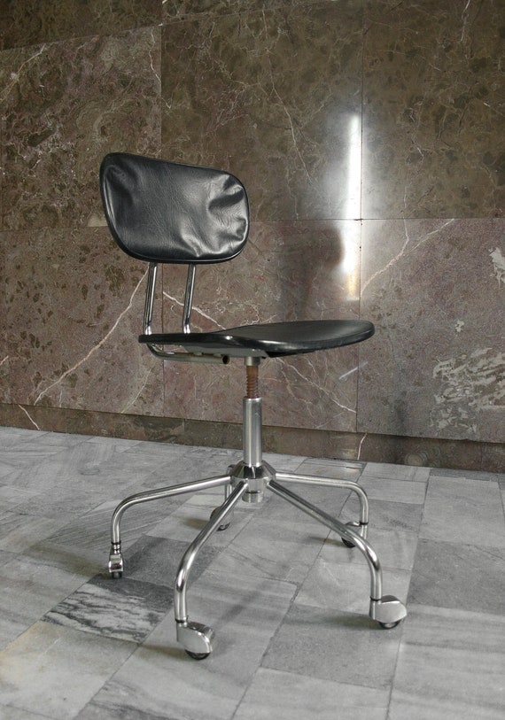 Vintage Industrial Black Vegan Leather Swivel Chair Retro Etsy