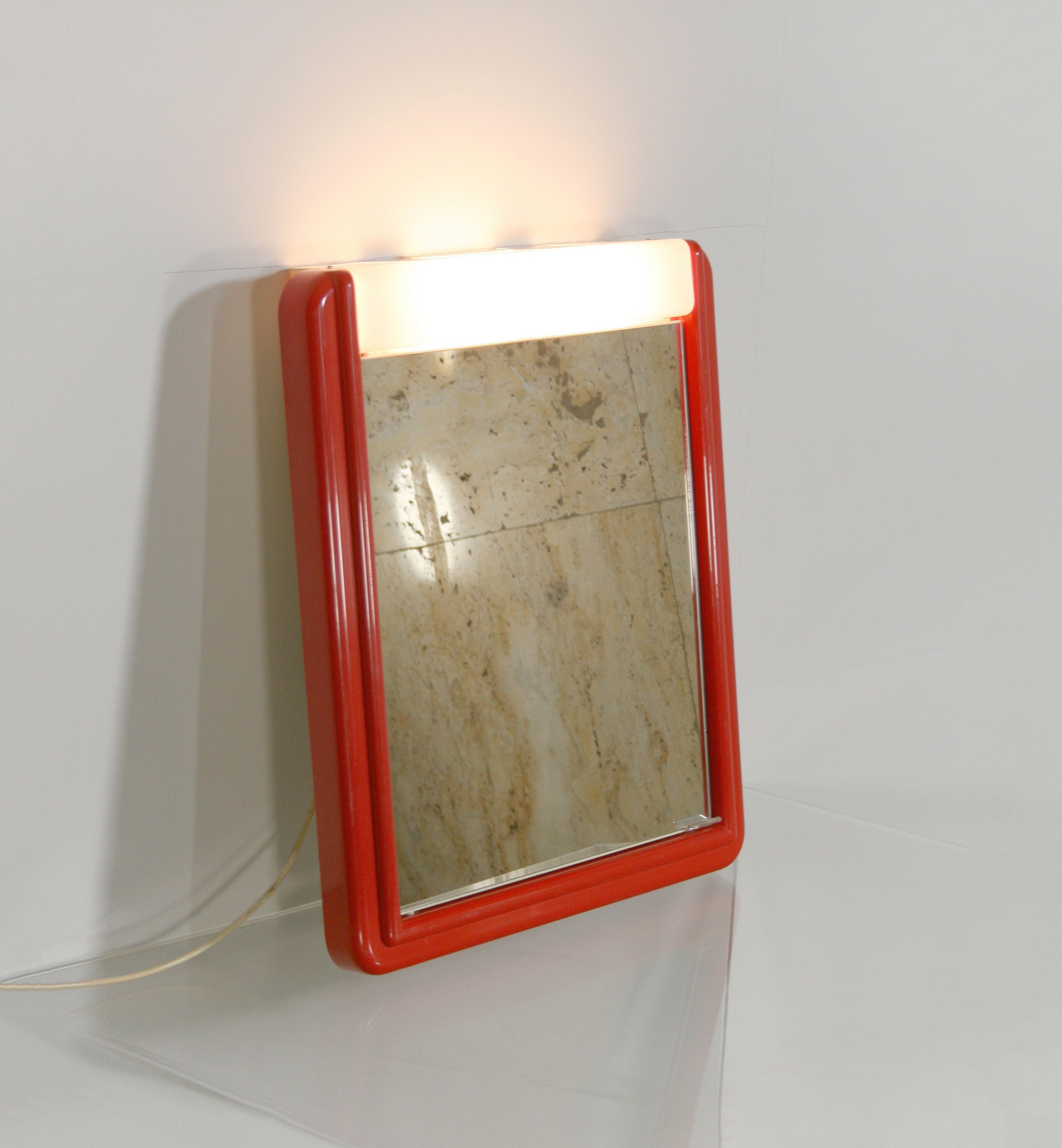 Red Vintage Allibert West German Bathroom Vanity Mirror Medicine Cabinet Wall Mounted Lamp Space Age Atomic Era Accent Rectangular Plastic