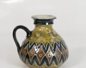 Vintage Round Khaki Brown Ceramic Pitcher Vase Embossed Retro West German Pottery Art Mid Century Modern Handle Mustard Deep Blue Vessel