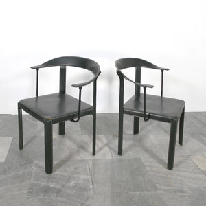 Pair Of Vintage Black Leather Giancarlo Vegni Gianfranco Gualtierotti Fasem Postmodern Rectangular Armchairs Italian Dining Chairs Set Two