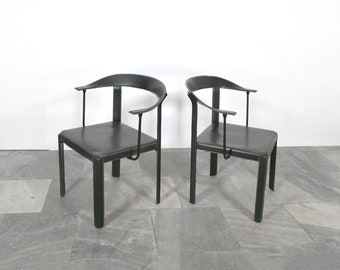Pair Of Vintage Black Leather Giancarlo Vegni Gianfranco Gualtierotti Fasem Postmodern Rectangular Armchairs Italian Dining Chairs Memphis