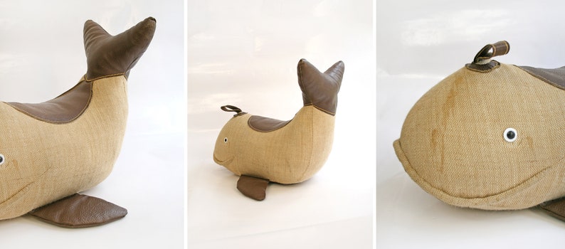 Vintage Jute & Leather Therapeutic Stuffed Whale Toy by Renate Müller Retro Modernist Bauhaus Foot Stool Decorative Pillow Studio Footstool image 9