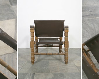 Vintage Brutalist Dark Brown African Leather Safari Armchair