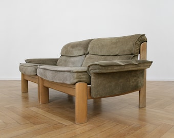 Danish Vintage Olive Green Carl Staub Suede Two-seater Wooden Scandinavian Sofa Retro Mid Century Modern Couch Modular Lounge Set Loveseat