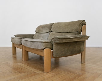 Danish Vintage Olive Green Carl Staub Suede Two-seater Wooden Scandinavian Sofa Mid Century Modern Couch Modular Lounge Chairs Set Loveseat