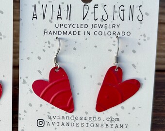 Red Heart Upcycled Tin Earrings, Handmade Recycled Metal Jewelry, Eco-Friendly Valentine's Day Gift