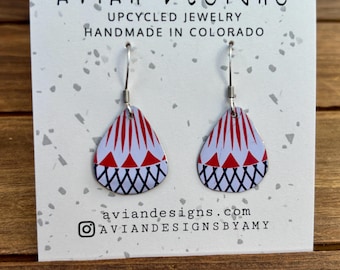 Red White Purple/Blue Teardrop Earrings | Lightweight Geometric Pattern Dangles | Upcycled Tin