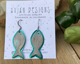 Fish earrings, silver and turquoise, gift for fisherwoman, upcycled and sustainable