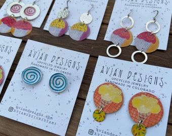 Cupcake ice cream earrings, upcycled materials, fun whimsical dessert earrings