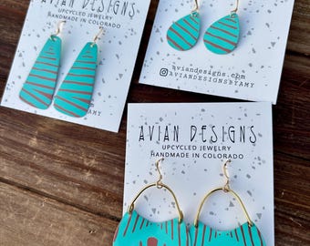 Turquoise Upcycled Tin Earrings, Teal Statement Dangles, Handmade Recycled Metal Jewelry