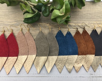 Gold Dipped, Feather Drop Earrings, Leather Drop Lightweight Earrings, Red Leather Earrings, Genuine Leather Earrings, Christmas Earrings