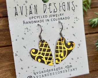 Black Gold Heart Vintage Tin Earrings | Handmade Upcycled Metal Jewelry