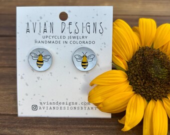 Honey bee stud earrings - Save the bees - Upcycled tin jewelry