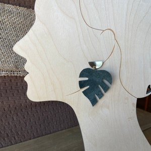 Big monstera leaf earrings, upcycled leather philodendron, gift for plant lover image 7