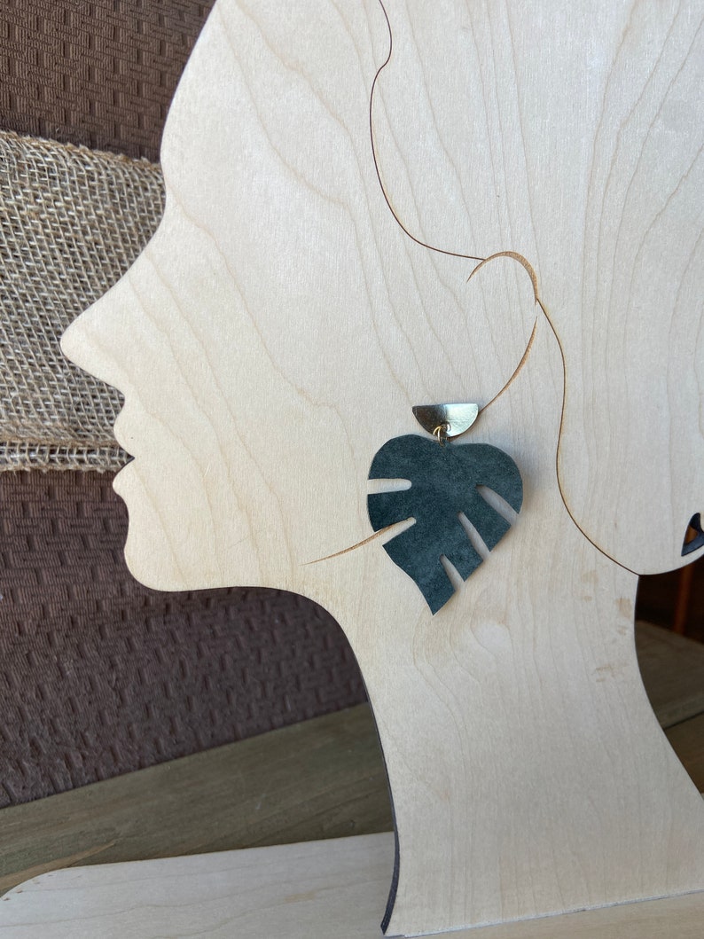 Big monstera leaf earrings, upcycled leather philodendron, gift for plant lover image 7