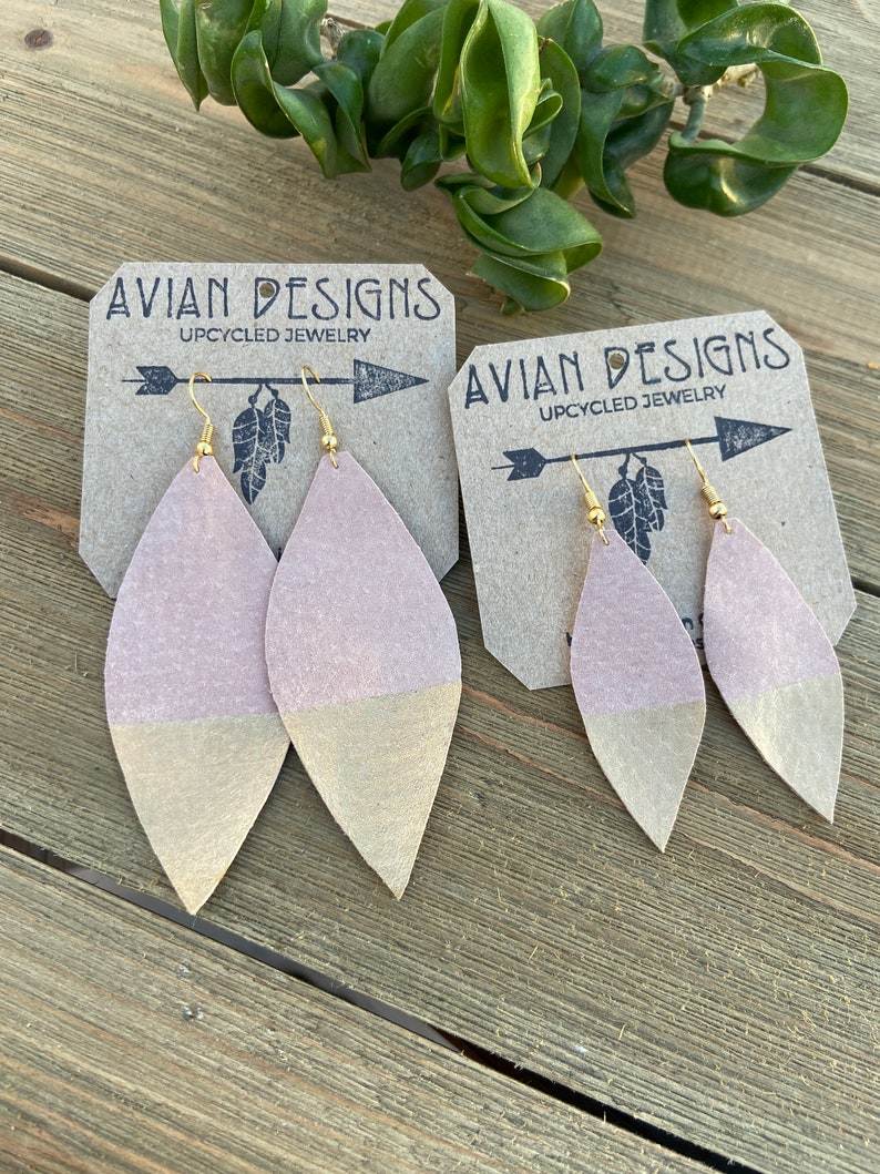 Pink Gold Dipped, Leather Drop Lightweight Earrings, Suede feather earrings image 2