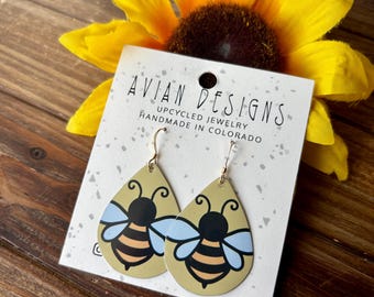 Upcycled Bee Tin Earrings | Pollinator Jewelry | Beekeeper Gift