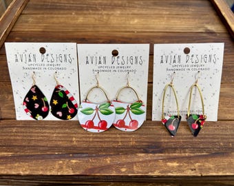 Upcycled Tin Cherry Earrings | Handmade Retro Fruit Jewelry, Colorado