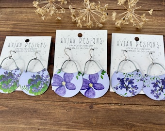 Purple Floral Upcycled Tin Earrings | Handmade Recycled Metal Jewelry | Spring Flowers