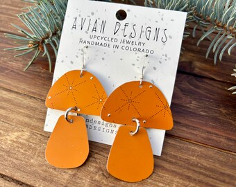 Handmade Upcycled Mushroom Earrings | Orange Tin Jewelry | Eco-Friendly