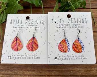 Orange Leaf Earrings | Tropical Boho Jewelry | Upcycled Tin | Lightweight Teardrop Dangles