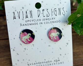 Tree frog stud earrings - upcycled jewelry