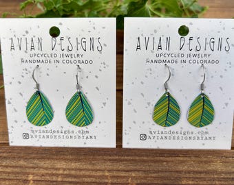 Green Leaf Earrings | Upcycled Tin Jewelry | Lightweight Teardrop Dangle Earrings | Tropical Boho Jewelry