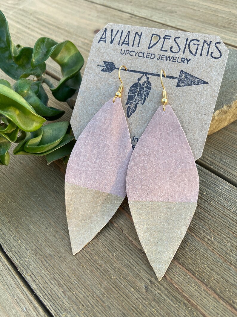 Pink Gold Dipped, Leather Drop Lightweight Earrings, Suede feather earrings image 6