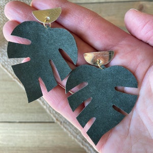 Big monstera leaf earrings, upcycled leather philodendron, gift for plant lover image 3