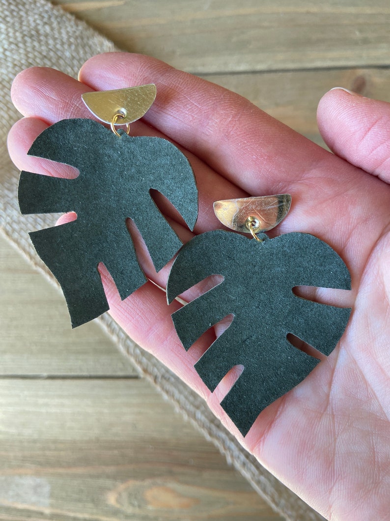 Big monstera leaf earrings, upcycled leather philodendron, gift for plant lover image 3