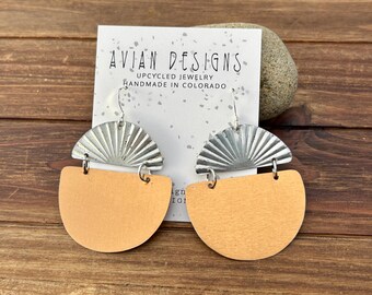 Geometric Upcycled Metal Earrings – Bold Half Moon Dangles – Eco Friendly Handmade Jewelry