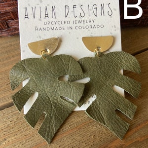 Big monstera leaf earrings, upcycled leather philodendron, gift for plant lover image 6