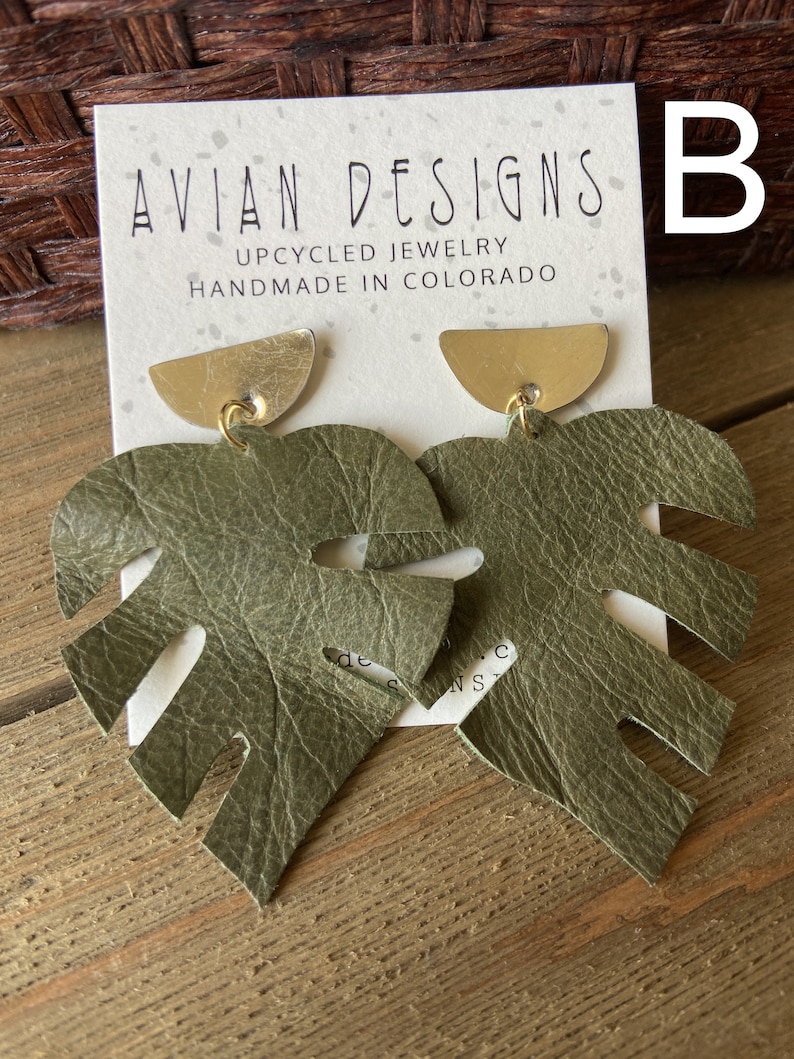 Big monstera leaf earrings, upcycled leather philodendron, gift for plant lover image 6