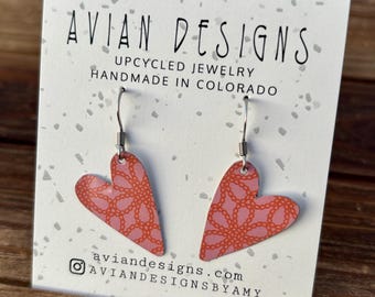 Pink Heart Upcycled Tin Earrings, Eco-Friendly Valentine's Day Gift, Handmade Recycled Metal Jewelry