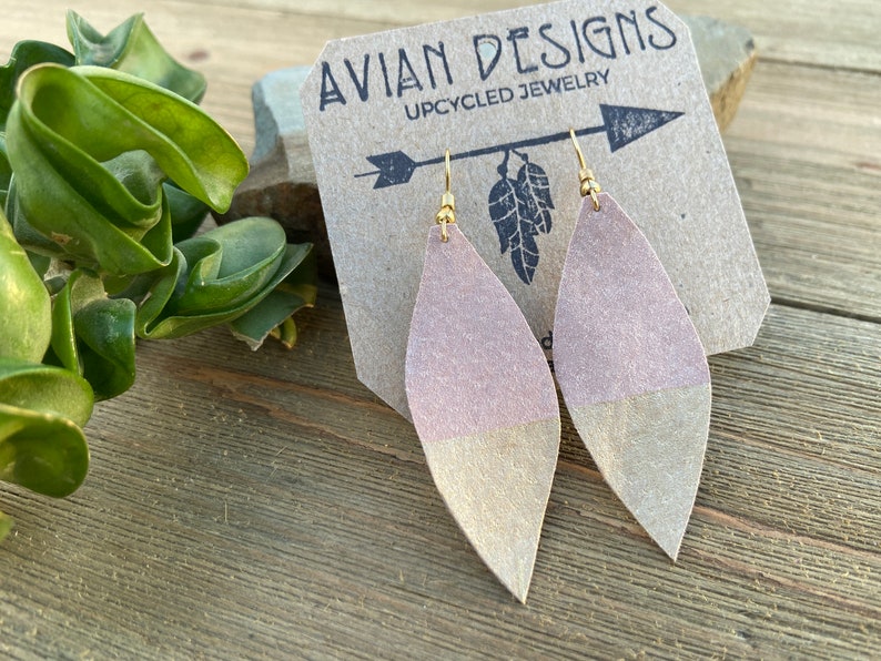 Pink Gold Dipped, Leather Drop Lightweight Earrings, Suede feather earrings image 5