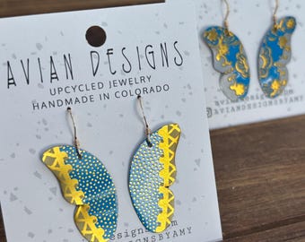 Sky Blue and Gold Butterfly Wing Earrings | Vintage Tin Jewelry | Sustainable Nature Gift