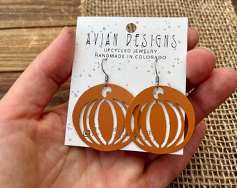 Pumpkin Cutout Earrings, Fall Dangle Earrings, Upcycled Autumn Jewelry