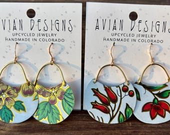 Vintage Floral Upcycled Tin Earrings, Handmade Recycled Metal Jewelry, Botanical Statement Dangles