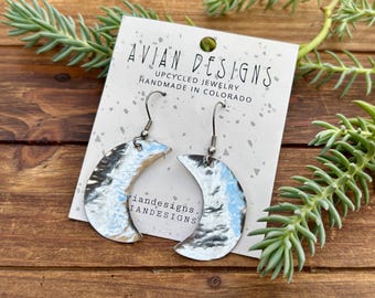 Crescent Moon Earrings | Celestial Moon Dangle Earrings | Upcycled Vintage Tin Jewelry